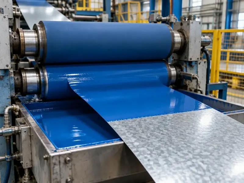 Roll coater applying paint on galvanised strip