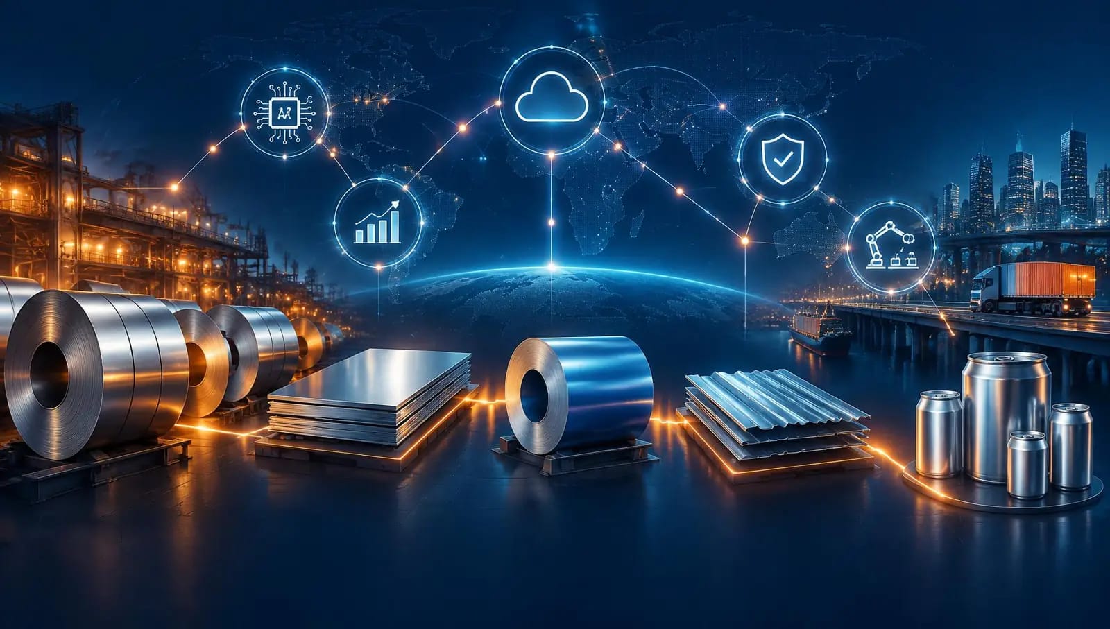 Digital and AI icons connecting steel coils, sheets and cans in one value chain